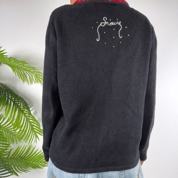 Vintage 90s Black Holiday Grandma Ugly Christmas Sweater Oversized Cardigan / M - Picture 2 of 6